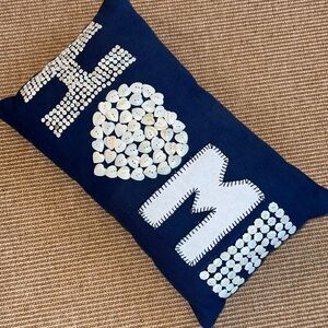 Blue Rectang. Pillow “HOME” from Shell Buttons